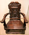 Nursing chair said to have belonged to Annabella Drummond, Countess of Mar who cared for infant King James VI of Scotland at National Museum of Scotland. Edinburgh, Scotland.