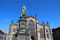 Duke of Buccleuch statue by Sir Joseph Boehm with bronze relief panels by William Birnie Rhind in front of St. Giles Cathedral. Edinburgh, Scotland