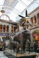 Mark 21 Spitfire LA198 hangs over elephant display at Kelvingrove Art Gallery. Glasgow, Scotland.