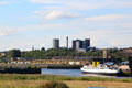 Clyde River with TS Queen Mary historic ship & west end of Glasgow beyond. Glasgow, Scotland.