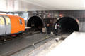 Glasgow Subway trains beveled to fit small round tunnels. Glasgow, Scotland