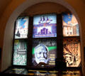 Stained glass window traces life of Carnegie at Andrew Carnegie Birthplace Museum. Dunfermline, Scotland.