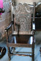 Carved armchair with image of Queen Mary II in crypt at Glamis Castle. Angus, Scotland.