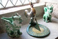 Ceramic fanciful Chinese creatures flank sundial with cock at Glamis Castle. Angus, Scotland.