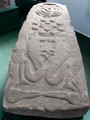 Pictish graveslab with pair of dancing sea-horses & bird heads beak-to-beak beneath array of bosses & coiled snakes at Meigle Sculptured Stone Museum. Meigle, Scotland.