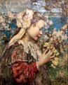 Young Girl with Primroses painting by Edward Atkinson Hornel of Glasgow Boys at Broughton House. Kirkcudbright, Scotland
