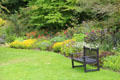Flower bed with bench at Threave Garden. Rhonehouse, Scotland.