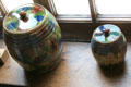 Multicolored ceramic jars with lids from Leith at Crathes Castle. Crathes, Scotland.
