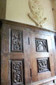 Wood panelling with carved scenes in Charter room at Fyvie Castle. Turriff, Scotland.