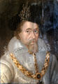 James VI of Scotland / I of England portrait by circle of John de Critz the elder at Fyvie Castle. Turriff, Scotland.