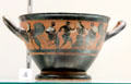 Greek black-figure earthenware skyphos cup at Potteries Museum & Art Gallery. Hanley, Stoke-on-Trent, England.