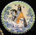 Tin-glazed earthenware charger painted with equestrian portrait of King William III made in Bristol or Lambeth at Potteries Museum & Art Gallery. Hanley, Stoke-on-Trent, England.