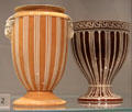 Terra Cotta stoneware engine-turned vases with slip decoration by Wedgwood at World of Wedgwood. Barlaston, Stoke, England