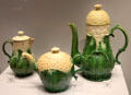 Cauliflower molded coffee pot & jugs of cream-colored earthenware with green glaze by Wedgwood at World of Wedgwood. Barlaston, Stoke, England.