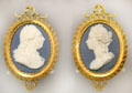 King George III & Queen Charlotte portrait medallions of Wedgwood blue jasper by William Hackwood in ormolu frames by Matthew Boulton at World of Wedgwood. Barlaston, Stoke, England