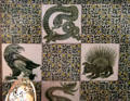 Bird & mystical animal fireplace tiles by William De Morgan in drawing room at Wightwick Manor. Wolverhampton, England.