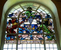 Stained glass windows in Council Chamber at Belfast City Hall. Belfast, Northern Ireland.