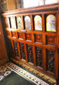 Snug partition with carvings & stained glass at Crown Liquor Saloon. Belfast, Northern Ireland.