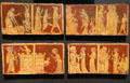 Lead-glazed earthenware Tring, England wall tiles with non-Biblical scenes of youth of Jesus, a Medieval invention to fill in missing history of his life at British Museum. London, United Kingdom.