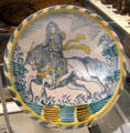 Tin-glazed earthenware dish painted with equestrian figure, probably General Monck from Southwark, London at British Museum. London, United Kingdom.