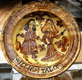 Earthenware slip glazed dish with cavalier & lady by William Talor of Burslem, Staffordshire at British Museum. London, United Kingdom.