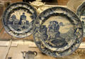 Earthenware plates printed with Indian temple & buffalo by J&G Rogers of Longport plus classical ruins by Miles Mason of Lane Delph both from Staffordshire at British Museum. London, United Kingdom.