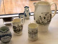 Collection of printed porcelain jugs & mugs made in Liverpool at British Museum. London, United Kingdom.