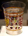 Glass beaker decorated in Islamic style by Master Aldrevandin of Venice Italy at British Museum. London, United Kingdom.