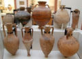 Collection of Greek & Roman Amphorae for oil or wine showing variety of shapes from Mediterranean world at British Museum. London, United Kingdom.
