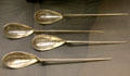 Roman silver spoons part of Mildenhall Treasure at British Museum. London, United Kingdom.