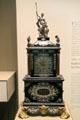 English table clock which only needed winding once per year topped by statue of Britannia by Thomas Tompion at British Museum. London, United Kingdom
