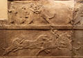 Assyrian carved panel shows lion hunt on horseback from North Palace of Nineveh at British Museum. London, United Kingdom.