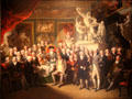 Assembled members of the Royal Academy with president Benjamin West sitting in red chair painting by Henry Singleton at Royal Academy of Arts. London, United Kingdom.