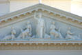 Pediment detail of California State Capitol with statue of California & bear flanked by women symbolic of the arts. Sacramento, CA.