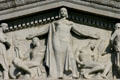 Detail of central female figure protecting power & knowledge on pediment of Jesse Unruh State Office Building. Sacramento, CA.