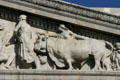 Detail of oxen on pediment of Jesse Unruh State Office Building. Sacramento, CA.