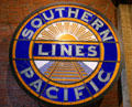Southern Pacific Sunset Lines emblem in stained glass at California State Railroad Museum. Sacramento, CA.