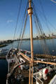 Bow deck, crows nest of Queen Mary with Long Beach skyline. Long Beach, CA.