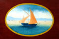 Sailboat painted on door of Concord coach at LA County Natural History Museum. Los Angeles, CA.