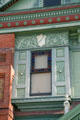 CM initials on decorated front of Hale House at Heritage Square Museum. Los Angeles, CA.