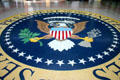 Presidential seal on floor of entrance lobby of Nixon Library. Yorba Linda, CA.