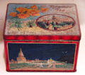 Tea tin with scenes of California including San Francisco World Exposition at Marston House Museum. San Diego, CA.