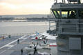 View of flight control center & other carriers from bridge of Midway aircraft carrier. San Diego, CA.