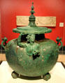 Greek bronze & silver lidded cauldron with Satyr from Eastern Mediterranean at Getty Museum Villa. Malibu, CA.