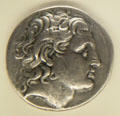 Silver tetradrachm coin with head of Alexander the Great minted in Amphipolis at Getty Museum Villa. Malibu, CA