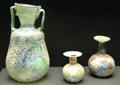 Roman blown glass storage jar & sprinkler flasks with spiral ribbing at Getty Museum Villa. Malibu, CA.