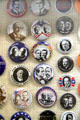 Collection of Presidential campaign buttons at Orange Empire Railway Museum. Perris, CA.
