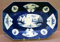 Porcelain rectangular dish in blue with oriental decoration from Bow, England at Legion of Honor Museum. San Francisco, CA.