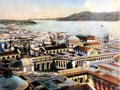 Hand-colored print shows buildings of Panama-Pacific International Exposition before Golden Gate entrance to San Francisco harbor in private collection. San Francisco, CA.