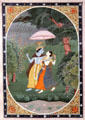 Hindu deity Krishna & his beloved sheltered from rain by umbrella watercolor from Punjab, India at Asian Art Museum. San Francisco, CA.
